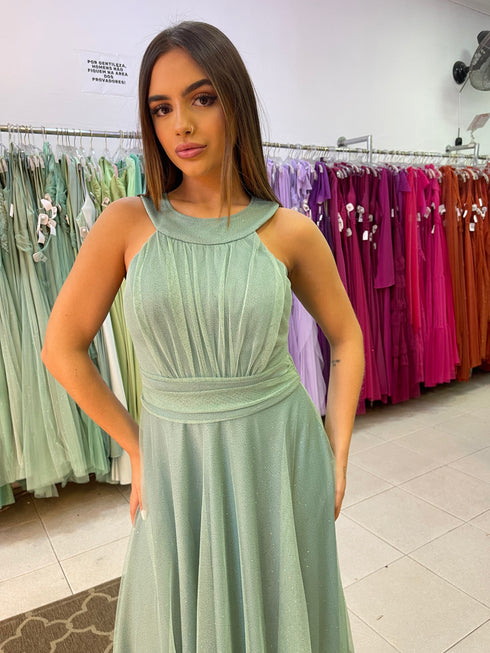 VESTIDO DE GOLA TULE TRABALHADO